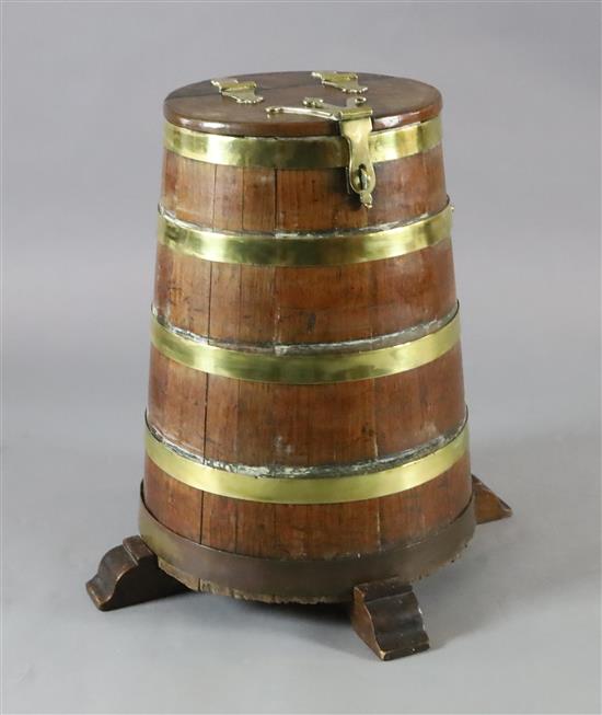 An early 19th century brass bound staved oak salt beef barrel, Overall Diam. 2ft 1in. H.2ft 5in.